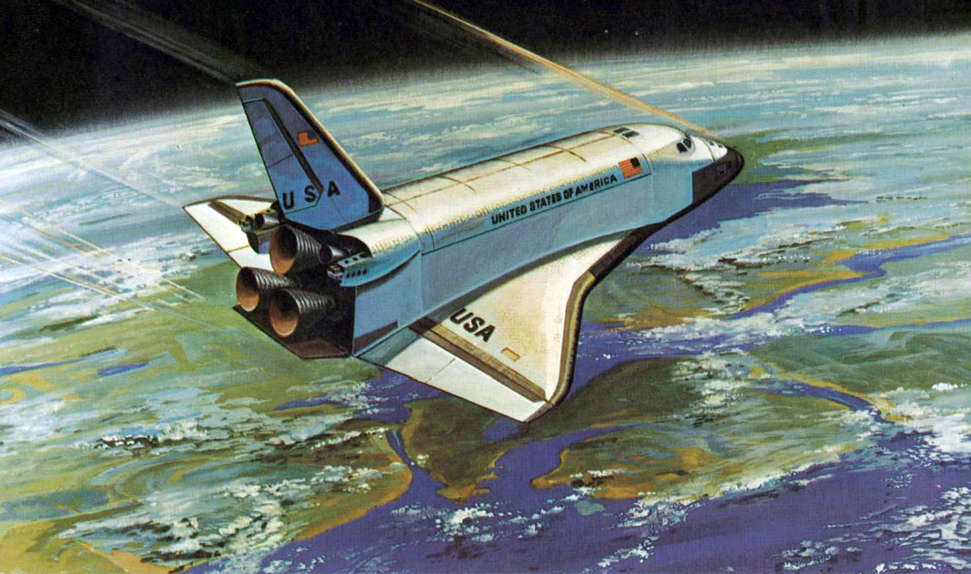 Painting of a Space Shuttle re-entering.