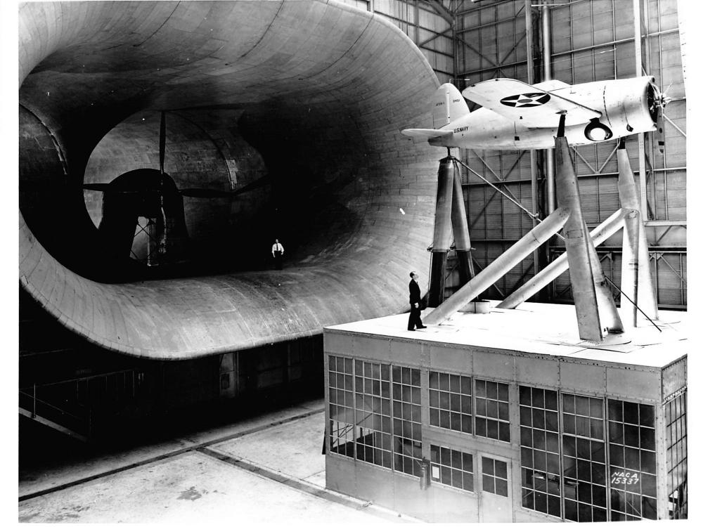 Brewster Buffalo is mounted in front of the wind tunnel for testing