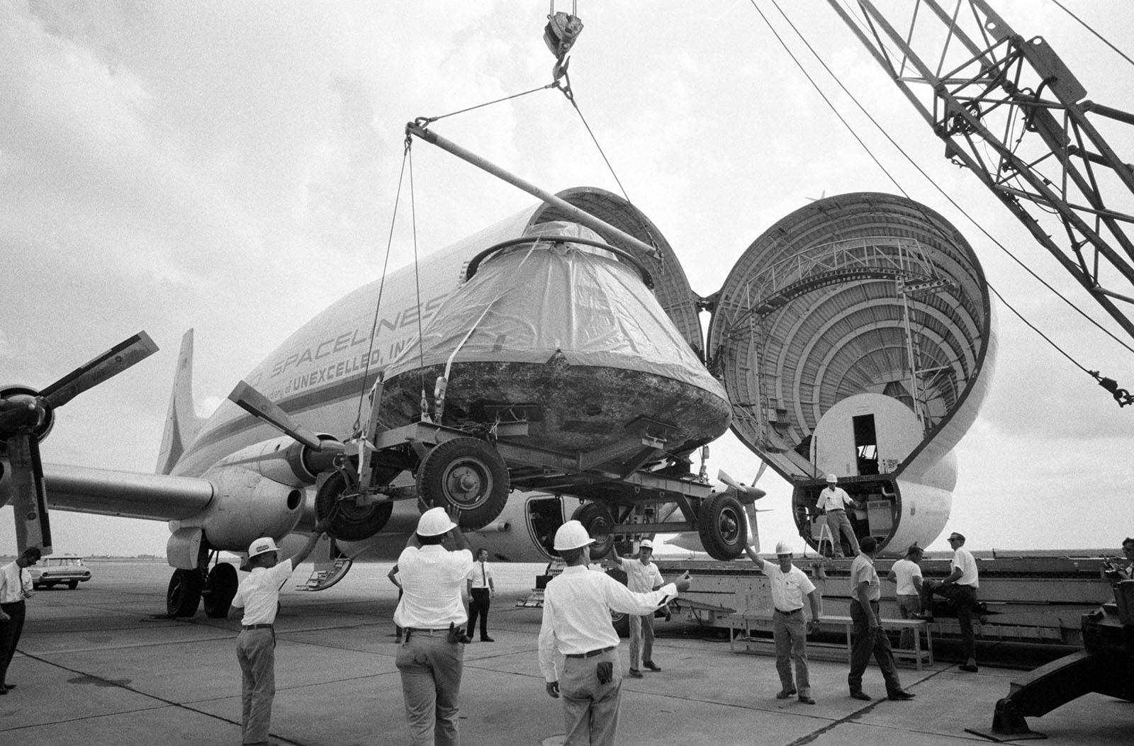 Stratoliner with nose section open and cavernous interior visible