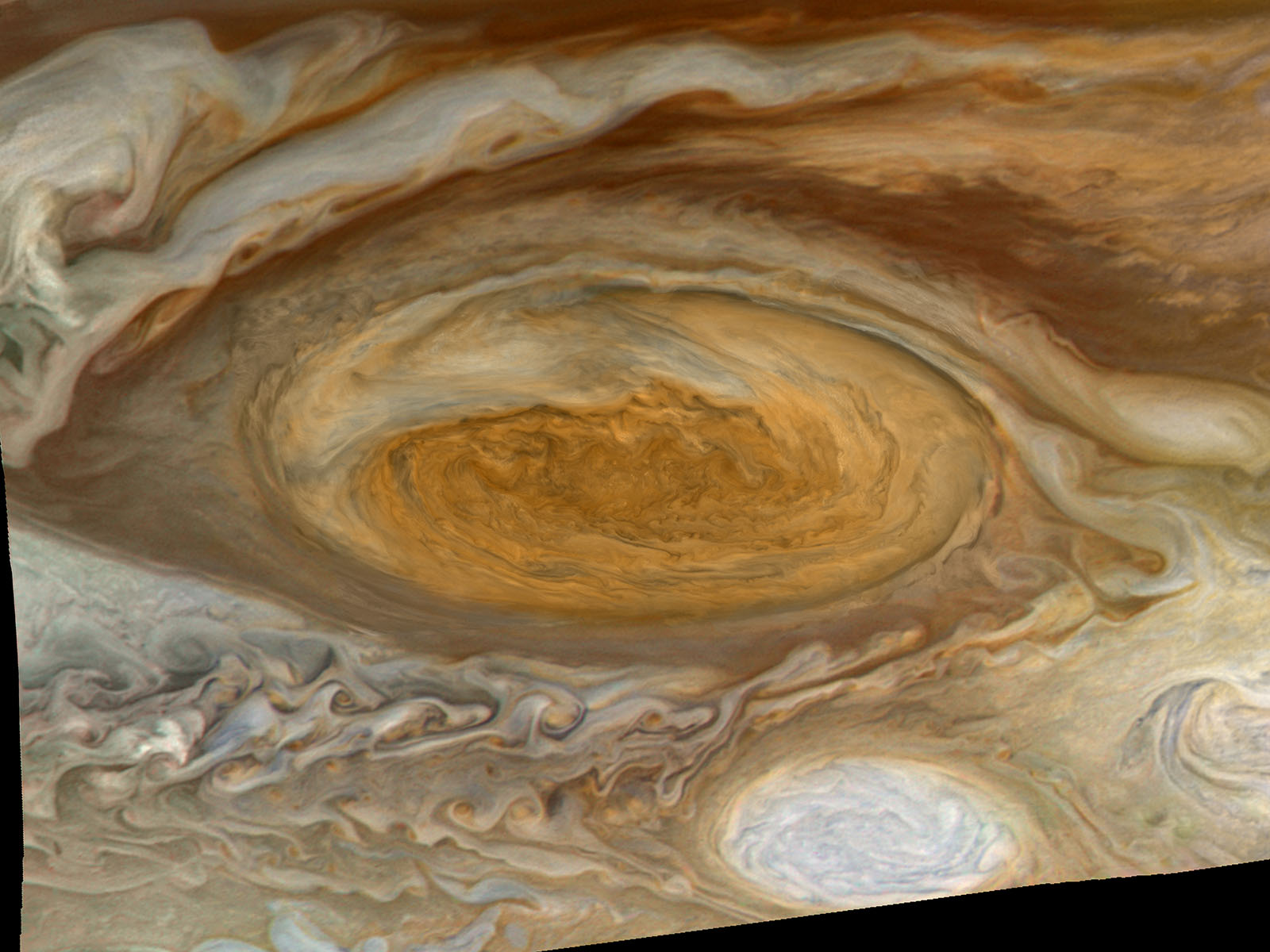 view of Jupiter's swirling clouds from space