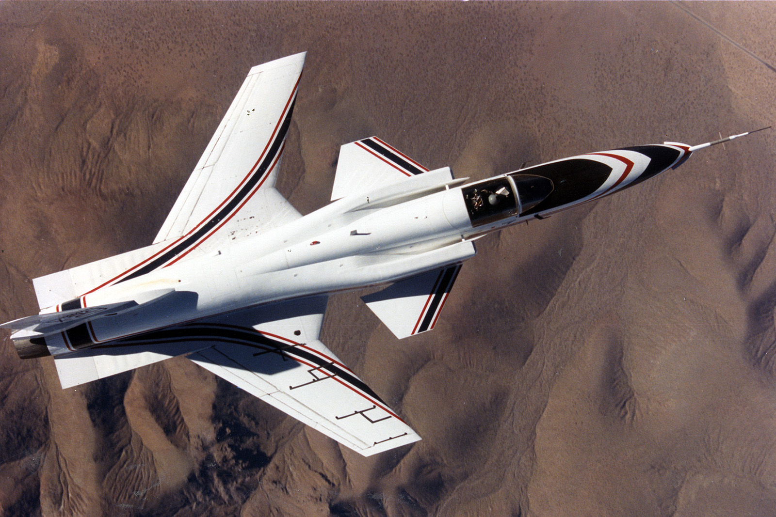 overhead aerial view of test plane X-29